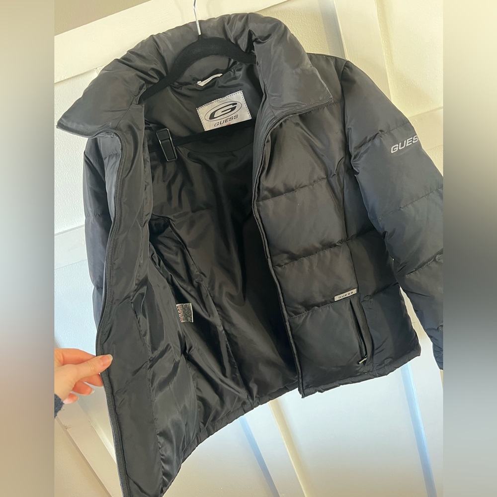 EUC Vintage Guess down puffer coat women’s small black zip up jacket unisex top - Picture 12 of 16